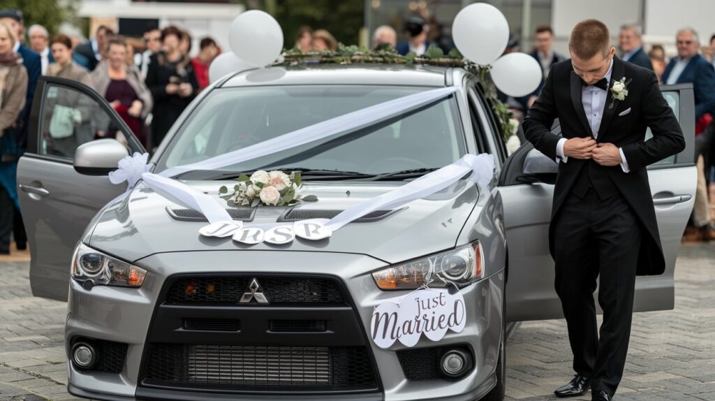 A photo of a Mitsubishi Lancer EVO X decorated with wedding décor. The car is adorned with ribbons, balloons, and a "Just Married" sign. The groom is getting out of the car and adjusting his black wedding tuxedo coat. The background contains a crowd of people.