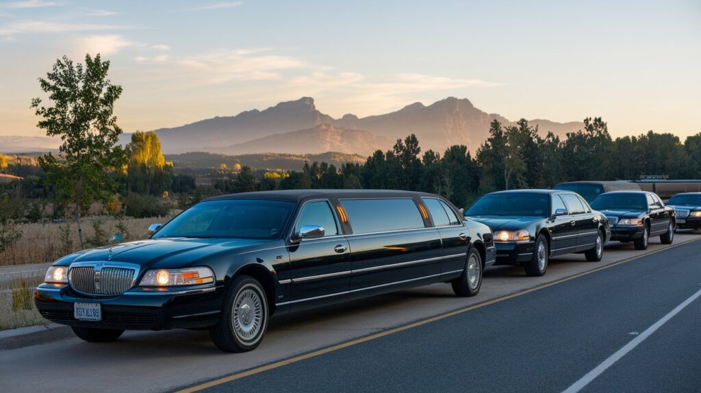 A photo of a luxurious travel experience. There are several limousines parked on the side of a road. The limos are black and have tinted windows. The background reveals a scenic landscape with mountains, trees, and a clear sky.