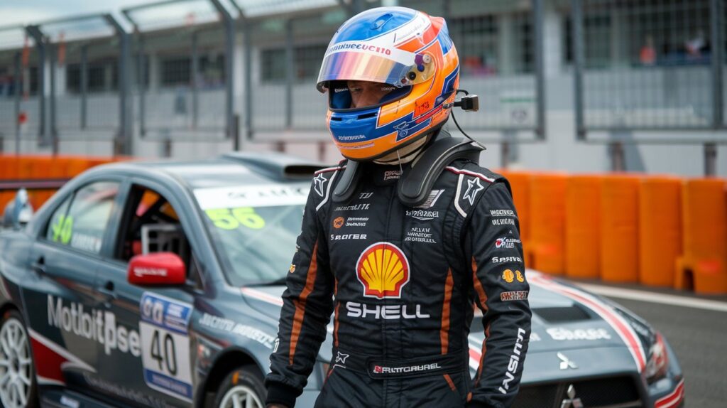 A photo of a professional motorsports Mitsubishi Lancer Evo VIII with a racing driver wearing a helmet and a black racing suit. The driver is representing Shell and has many sponsor monograms all over his suit. The background contains a track with orange barriers.