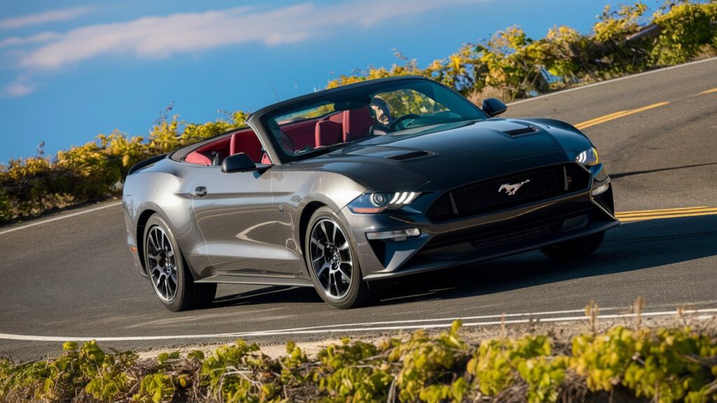 A stunning photo of a sleek Mustang Convertible, captured from an angle that highlights its curvy design and powerful stance. The convertible top is down, revealing the red leather interior. The car is driving along a winding road, surrounded by vibrant green foliage and a clear blue sky. The background perfectly complements the image, adding depth, and showcasing the Mustang's dynamic motion and the open road ahead.