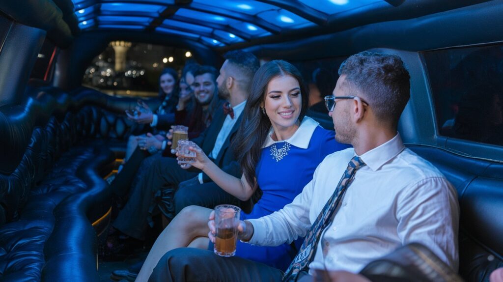 A photo of a group of people having a night out in a limousine in Sharjah. There is a woman in a blue dress with a white collar, wearing a necklace. She is sitting next to a man with a white shirt and a patterned tie, who is holding a drink. The man has short, dark hair and is wearing glasses. The woman has long, dark hair. The limousine has dark blue windows and is parked on the street. The background is dimly lit.