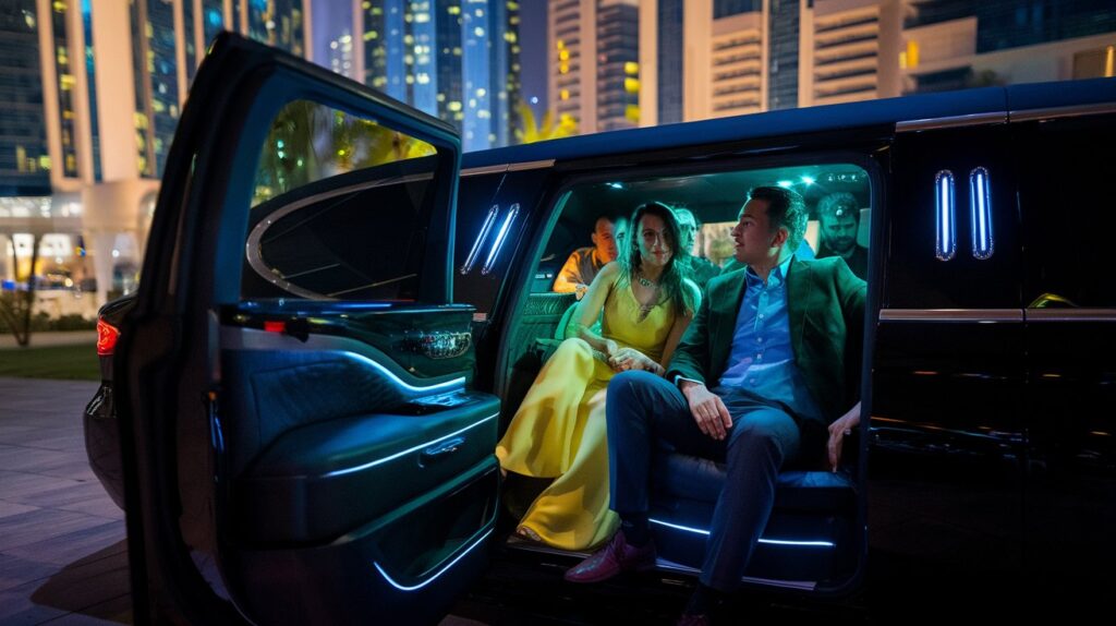 A night out in a limousine at an event in Sharjah. There are people inside the limousine, with one person wearing a yellow dress and another wearing a blue shirt and a green jacket. The limousine is parked near a building. The background contains tall buildings with modern architecture.