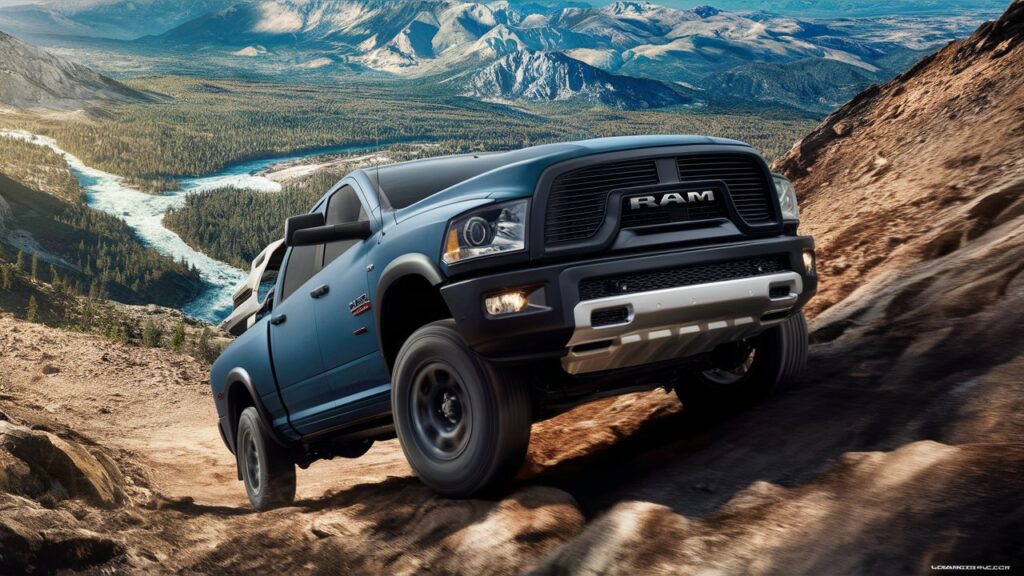 An awe-inspiring image of a Dodge Ram 2018, showcasing its off-road capabilities and adventure-ready features. The truck is seen driving up a steep, rocky incline, emphasizing its strength and durability. The vehicle's color is a striking matte blue, contrasting with the rugged terrain. The background is a vast, breathtaking landscape of mountains, forests, and a crystal-clear river, highlighting the truck's ability to conquer any terrain and take you on unforgettable adventures.