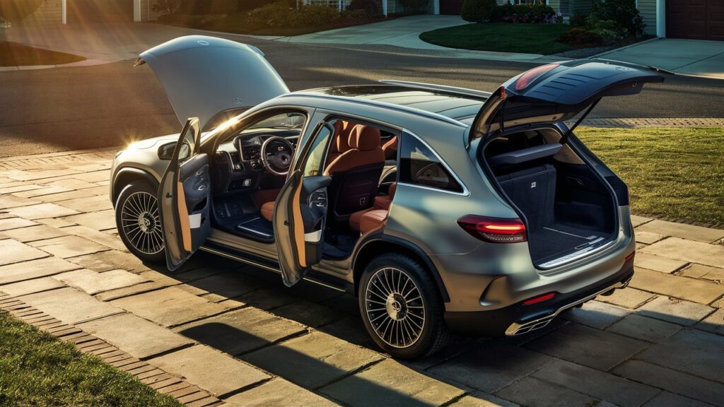 A stunning image of the latest Mercedes SUV, parked on a beautifully paved driveway. The sleek and modern car is highlighted by the sun's rays, casting a warm golden glow on its surface. The vehicle's luxurious interior is visible through the open doors, revealing leather seats, advanced controls, and a spacious cargo area. The background showcases a serene suburban neighborhood, with perfectly manicured lawns and charming houses. This captivating scene emphasizes the Mercedes SUV's ability to enhance everyday routines and elevate life's simple pleasures.