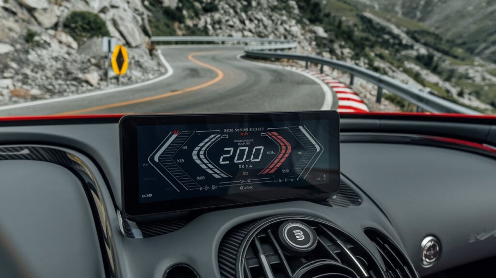 A photo of a Bugatti Divo with a digital screen displaying real-time performance monitoring data. The screen shows various metrics such as speed, rpm, and g-force. The background is a scenic mountain road with sharp turns. The car is parked on the side of the road.