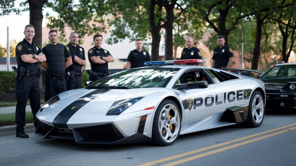 A photo of a Police Pursuit Lamborghini Murcielago SV parked on the side of a road. There are several police officers standing beside the car, posing for the photo. The car has a black and yellow police stripe along the side. The background contains trees and a building. The lighting is bright.