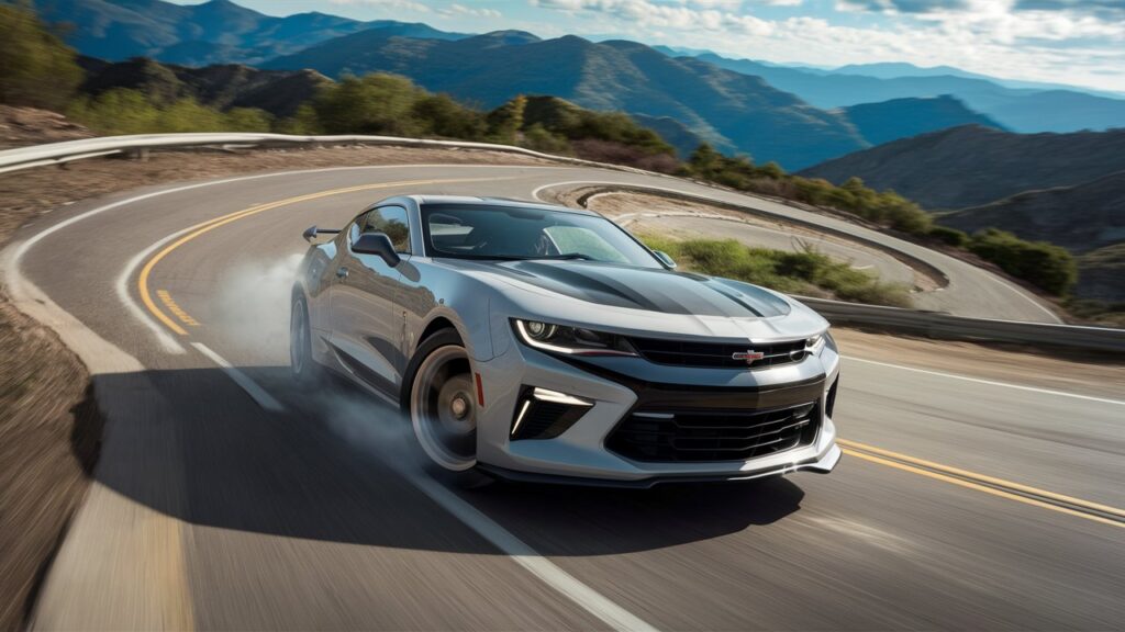 A high-speed action shot of a 2017 Camaro Turbo tearing down a winding mountain road, showcasing the vehicle's exceptional handling and performance. The car is seen in a dynamic perspective, with the wheels spinning in the air as it takes sharp turns. The background features beautiful mountain ranges with lush greenery and a bright blue sky. The overall scene exudes speed, excitement, and the power of the Camaro Turbo.