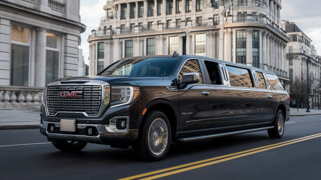 A luxurious GMC limousine is seen gliding down a city street with elegant, high-rise buildings in the background. The limousine boasts a sleek and modern design, with gleaming chrome accents and large, tinted windows. The interior is equally lavish, featuring plush leather seats, a spacious cabin, and a well-stocked minibar. The overall atmosphere of the image is one of opulence and sophistication, showcasing the perfect blend of luxury and practicality.