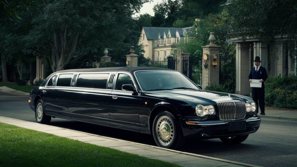 A luxurious black stretch limousine parked on the side of a private, upscale neighborhood street. The car is sleek and shiny, with dark tinted windows that provide unparalleled privacy. In the foreground, a discreet chauffeur in a formal suit and hat stands next to the car, holding a sign with the name of a prestigious company. The background reveals a tranquil, picturesque setting, with tall trees and elegant mansions lining the street, creating a sense of exclusivity and security.