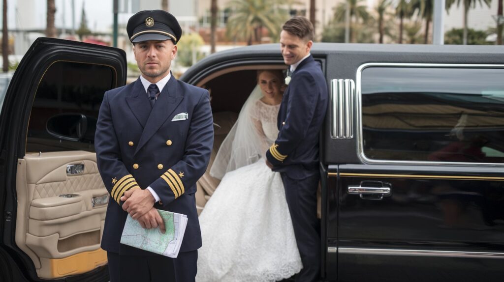 A photo of a limousine chauffeur standing outside a luxurious black limousine. He is wearing a navy blue uniform and a black hat. The chauffeur has his hands folded in front of him and is holding a map in one hand. Inside the limousine, there's a groom standing and a bride sitting. The bride is wearing a white wedding dress and a veil. The groom is wearing a dark suit and a light-colored shirt. The background is a city street with palm trees.