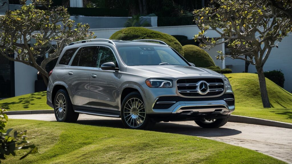 A stunning, high-quality photo of a shiny Mercedes SUV, parked in an upscale setting. The vehicle is parked on a slight incline, with lush green grass and a few well-manicured trees in the background. The sunlight reflects off the SUV's sleek surface, highlighting the elegant design and luxurious features. The overall scene captures the essence of a sophisticated and refined investment in quality.