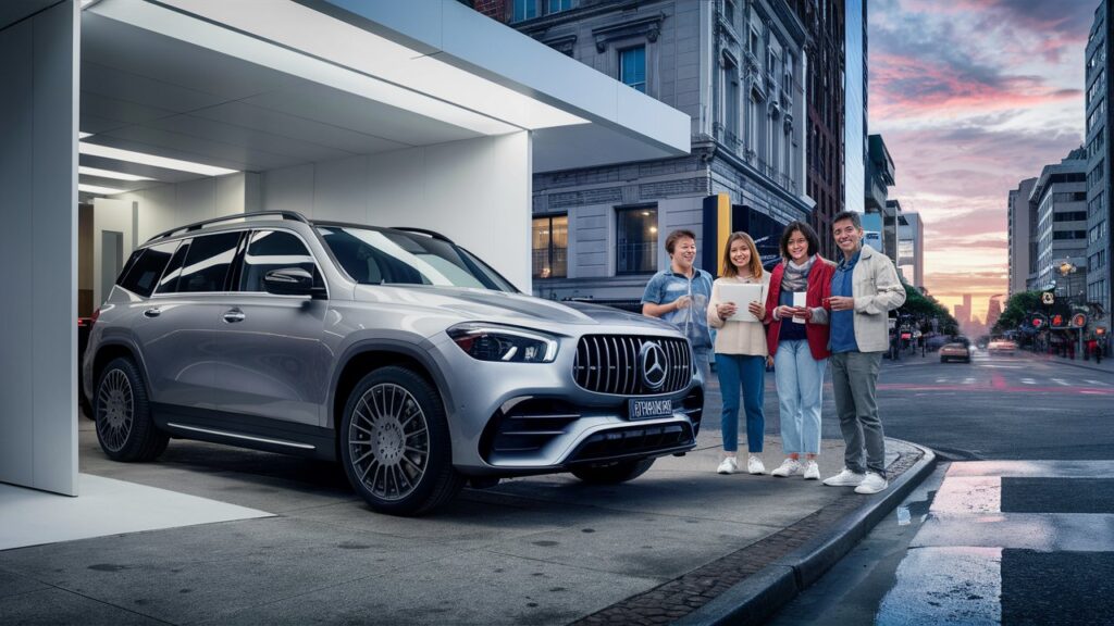 A stunning image showcasing a sleek, silver Mercedes SUV parked beside a modern, minimalistic rental office. The SUV is displayed with a slight angle, emphasizing its elegant design and spaciousness. A group of four diverse, happy people stand near the car, each holding a tablet with the Mercedes logo. They are dressed casually, representing various age groups. The background features a vibrant, urban cityscape with tall buildings, a bustling street, and a setting sun casting warm colors across the sky.