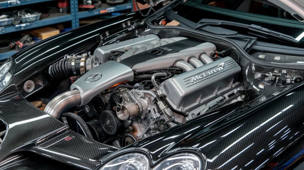 A photo of a Mercedes SLR McLaren engine with a stage 3 supercharger. The engine is installed in a car and is surrounded by metal parts. The background is a workshop with shelves of tools and car parts.