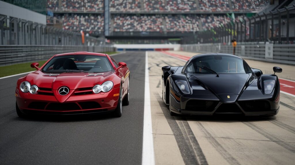 A photo of a racing stand-off between a Mercedes SLR McLaren and a Ferrari Enzo. The SLR McLaren is red and parked on the left, while the Ferrari Enzo is black and parked on the right. They are parked on a starting grid of the famous and historic F1 race track, with the track dividing them. The background is filled with spectators.