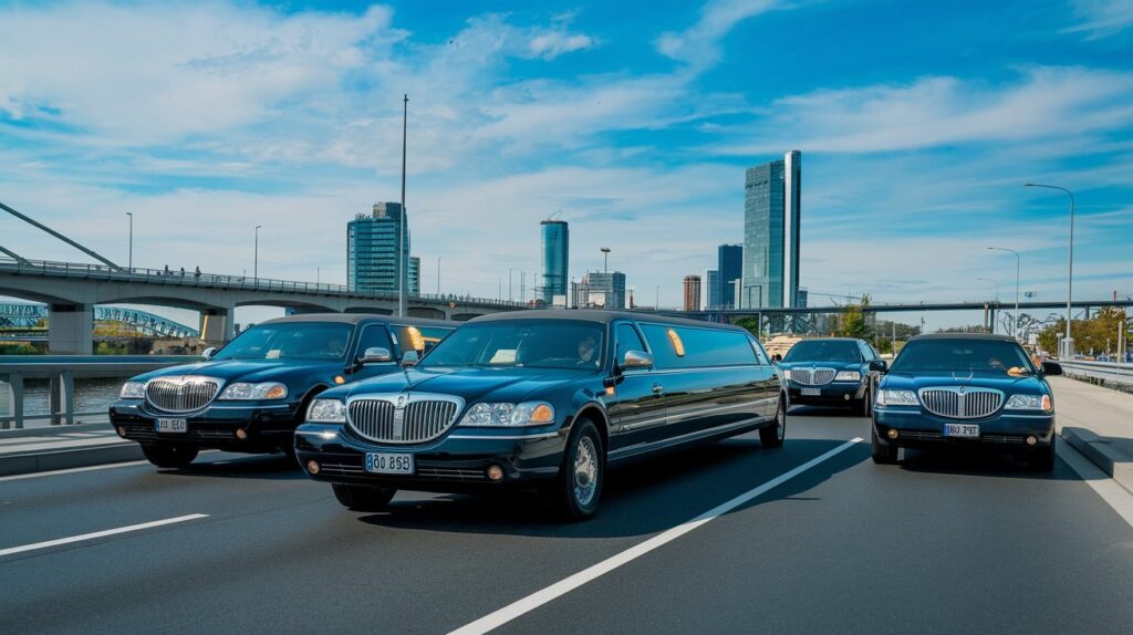 A photo of a road with several limousines driving on it. The limousines are new and in perfect condition. The background contains a modern city with tall buildings, a bridge, and a clear blue sky with a few clouds.