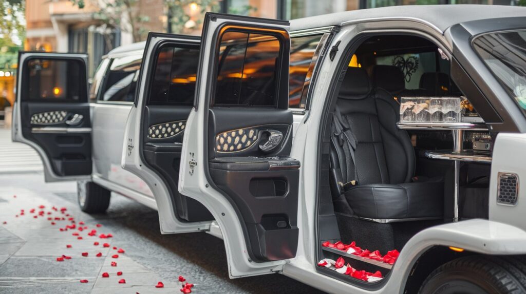 A wedding limousine with safety and comfort enhancements. The limousine has a white exterior and is parked on the street. There are rose petals on the floor of the limousine. The interior of the limousine has black leather seats and a bar. The limousine has tinted windows and a sunroof.