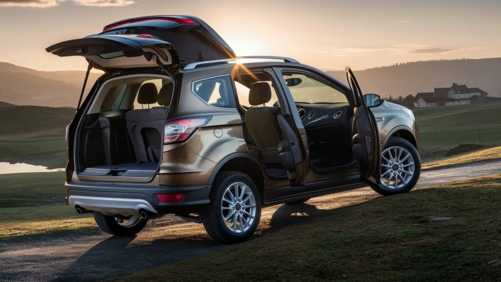 A stunning photo of a Ford Escape, capturing the spacious and flexible cabin from the best possible angle. The car is parked on a slight slope, with the sun setting behind it, casting a warm golden light onto the vehicle. The cabin's interior is luxurious and welcoming, with the seats folded down to create extra space. In the background, there is a serene landscape with rolling hills, a small lake, and a picturesque village, emphasizing the car's ability to explore and adapt to various terrains.