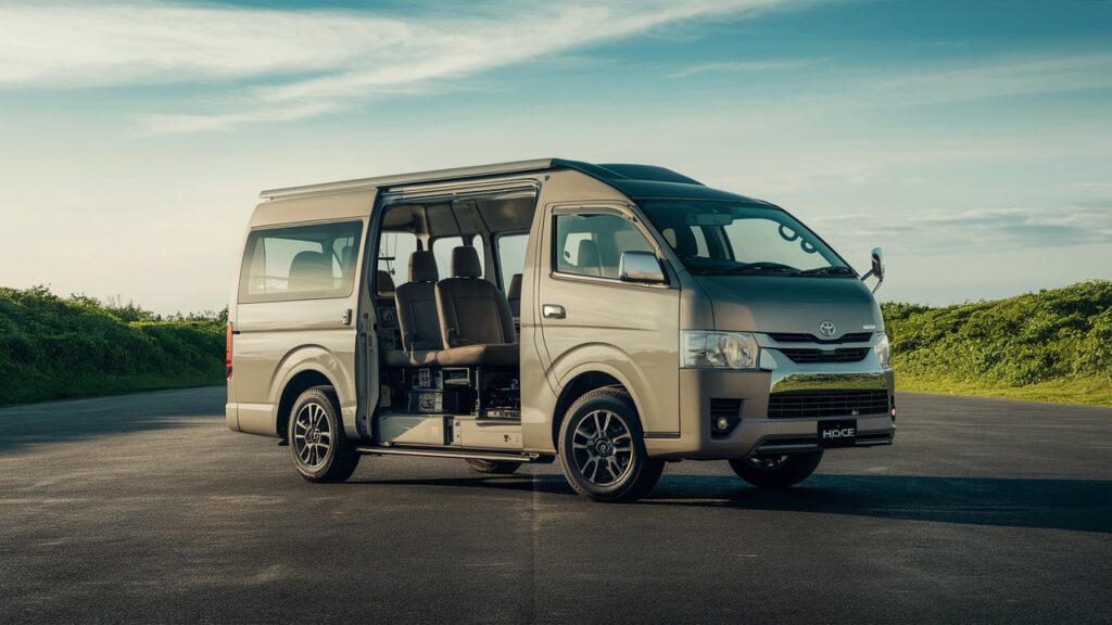 A stunning image of a Toyota HiAce, showcasing its spacious interior and versatility, captured from an attractive angle. The vehicle is parked on a smooth, sunlit road, surrounded by lush greenery and a clear blue sky. Inside, there are seats and cargo area, highlighting its capacity to accommodate various needs. The background emphasizes the natural and open environment, reflecting the HiAce's ability to adapt to any situation.