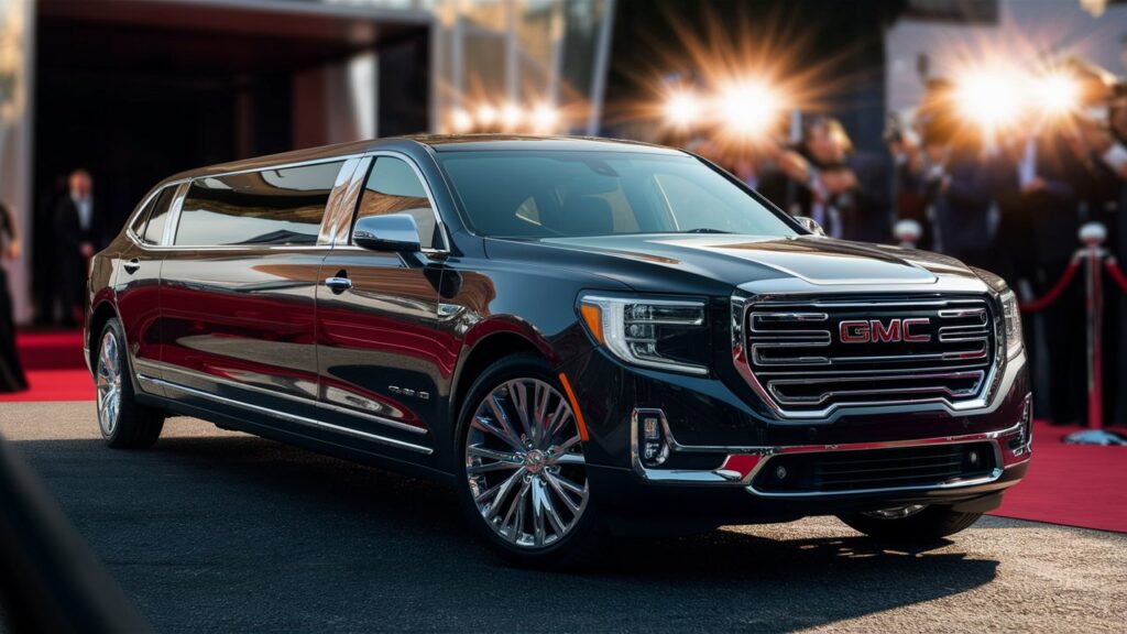 A stunning image of a sleek and luxurious GMC Limousine, arriving at a prestigious event with style. The limo is parked at a slight angle, capturing its elegant curves and glossy finish. The chrome accents glisten in the sunlight, while the tinted windows provide a touch of mystery. The background showcases a glamorous red carpet event with flashes of lights from paparazzi cameras, emphasizing the grandeur and sophistication of the limousine's arrival.