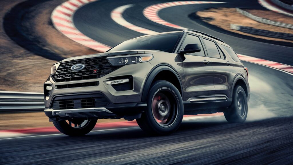 A striking image of the Ford Explorer ST, capturing the sport-tuned suspension from the most visually appealing angle. The SUV is shown in motion, with all four wheels off the ground, demonstrating its impressive performance. The background features a dynamic, curving race track with sharp turns, showcasing the vehicle's ability to handle tough terrain. The overall atmosphere is one of speed, power, and precision, encompassing the essence of the Ford Explorer ST's sport-tuned capabilities.