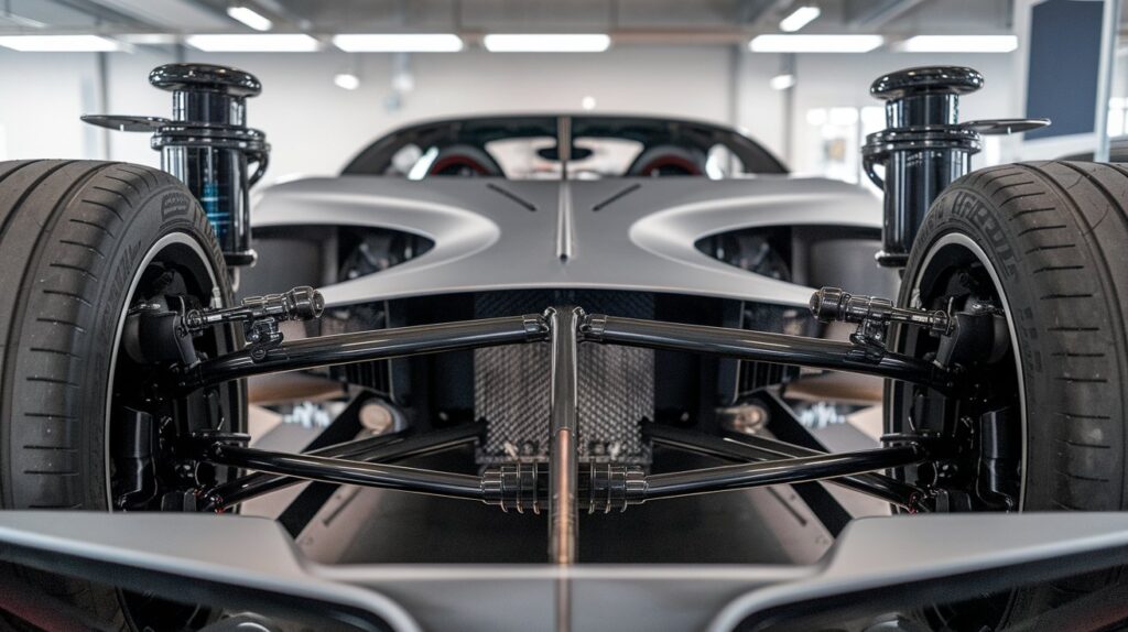 A photo of the advanced suspension and chassis of a Bugatti Divo. The shot is a close-up sneak peek. The suspension and chassis are in the foreground, with the car's body in the background. The background is a garage with a few other cars. The lighting is bright.