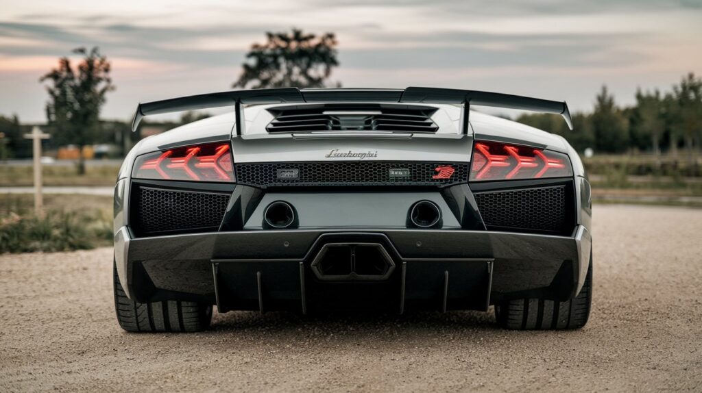 A photo of a Lamborghini Murcielago SV from the back, showing the lighting and ventilation features. The car is parked on a gravel road. The background contains a few trees and the sky has a few clouds.