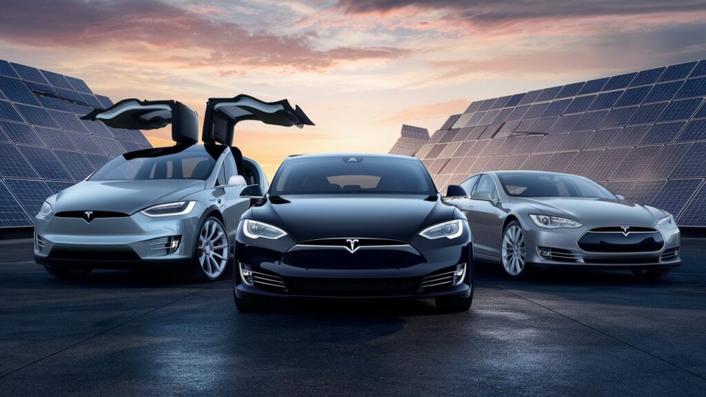 A stunning and dynamic group shot of a Tesla Model X, Model S, and a Hybrid Executive Sedan. The Model X, with its unique falcon wing doors, is shown in the foreground, followed by the sleek and futuristic Model S. The Hybrid Executive Sedan sits elegantly behind, maintaining a harmonious balance in the composition. The background features a breathtaking cityscape at sunset, with a massive solar panel array on the building rooftops, subtly reinforcing the theme of sustainable energy.