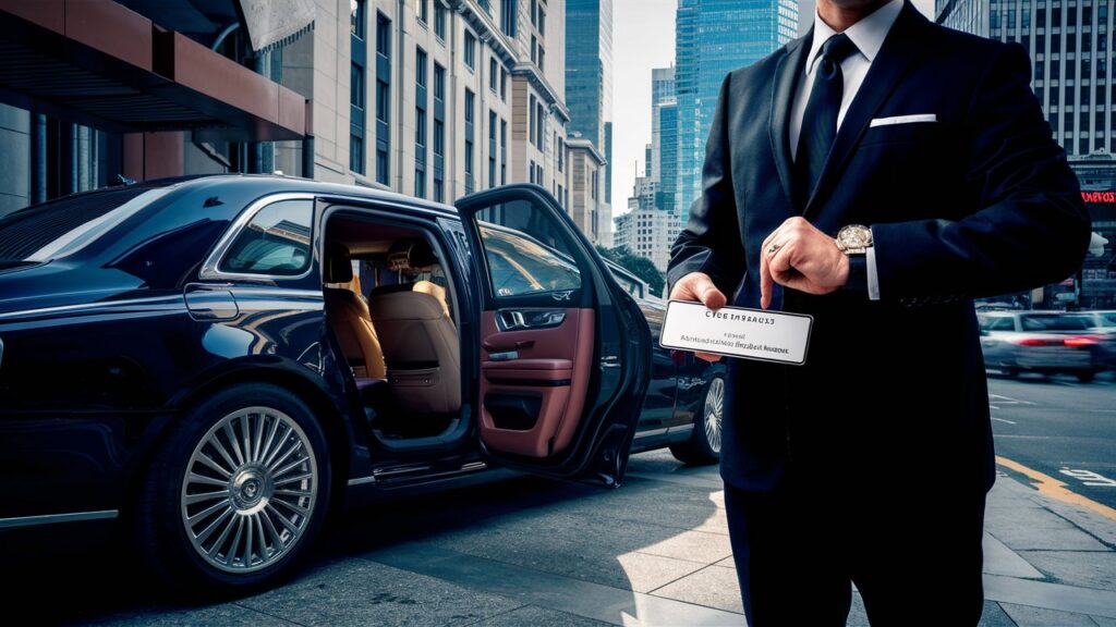 An elegant and luxurious car is parked outside a five-star hotel, with a sleek black limousine gleaming in the sunlight. The vehicle's impeccable design and shiny wheels exude a sense of exclusivity and sophistication. In the foreground, a professional chauffeur in a black suit and tie stands next to the car, holding a nameplate and a watch that emphasizes the importance of punctuality and time management. The background showcases a bustling cityscape with skyscrapers and busy streets, signifying the reliability and efficiency of the luxury chauffeur service in navigating the urban environment.