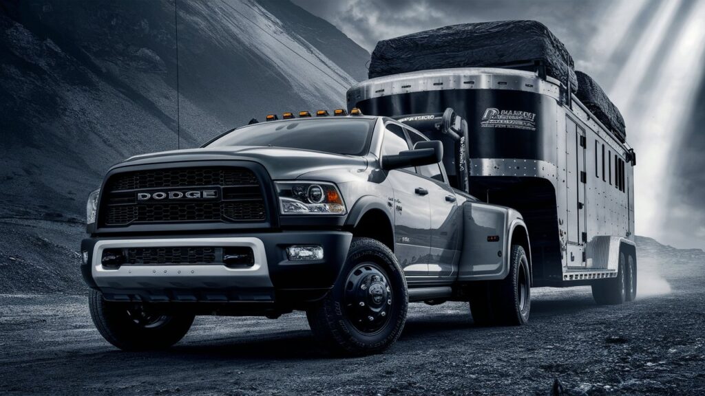 A stunning image of a Dodge Ram 2018, emphasizing its towing and hauling capabilities. The truck is showcased from a low angle, revealing its powerful and robust design. The massive trailer attached to the vehicle demonstrates its towing prowess, while a loaded bed highlights its hauling capabilities. The background reveals a rugged and mountainous landscape, with a ray of light breaking through the clouds, emphasizing the truck's strength and durability.