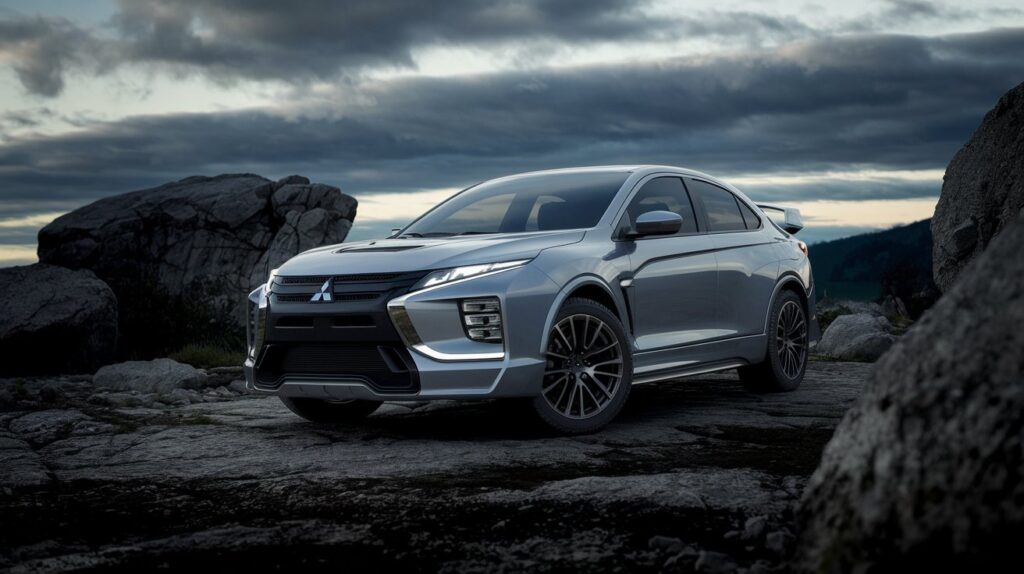 A cinematic medium shot of the unofficial future concept version of the Mitsubishi Lancer Evolution XI. The car is parked on a rocky terrain with large boulders. The sky is overcast, with dark clouds and a few visible mountains in the background. The lighting is soft.