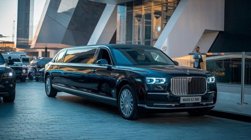 A photo of a VIP travel or corporate limousine parked outside a professional event venue in Sharjah. The limousine has a dark exterior and is parked near a building with a modern design. The background contains several other vehicles and a pedestrian. The lighting is bright.