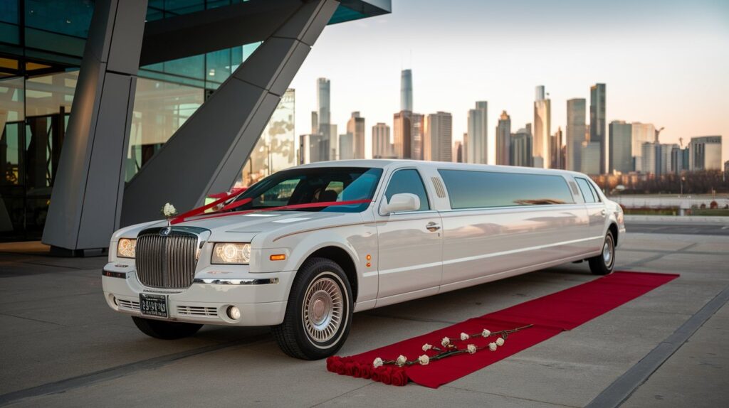 A photo of a luxury wedding limousine with a red carpet rolled out. The limousine is parked near a building with a modern architecture. The exterior of the limousine has white and gold details. There are red roses on the red carpet. The background reveals a city skyline with tall, modern buildings. The lighting is soft.