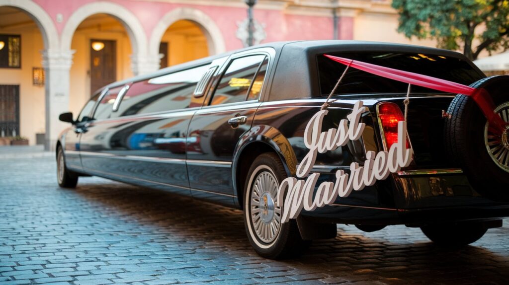 A photo of a wedding limousine with a large "Just Married" sign hanging from the back. The limousine is parked on a cobblestone street and has a red ribbon tied around its wheel. In the background, there's a building with arches and a pink hue. The overall image has a warm hue.