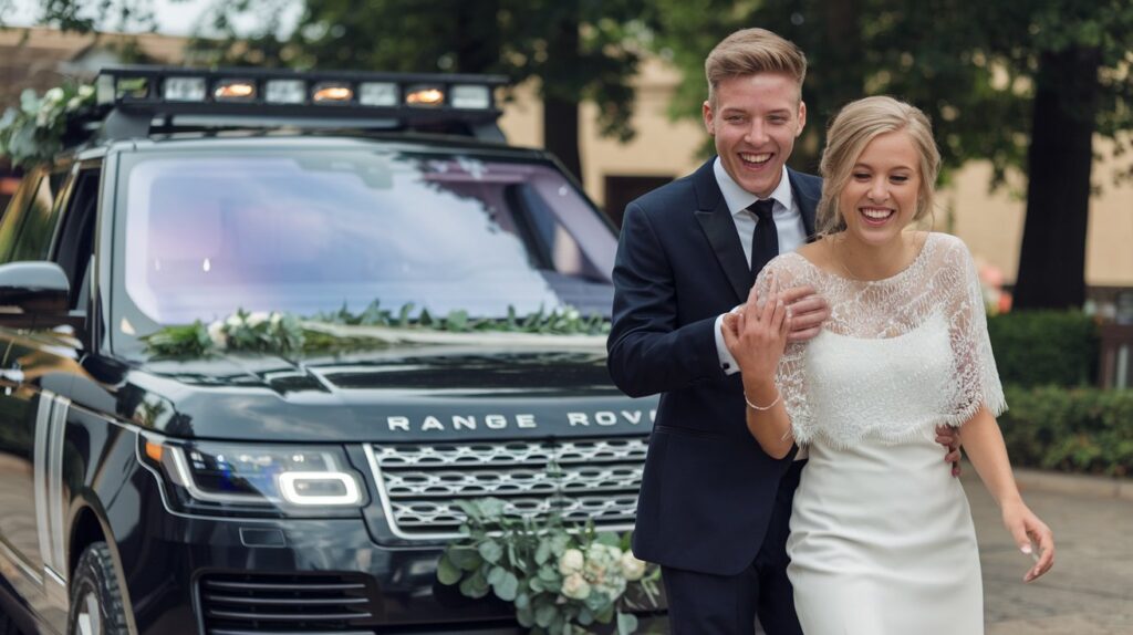 A photo of a heavy SUV limousine decorated with wedding decor. The car is an Range Rover. The groom is wearing a tuxedo and the bride is wearing a white dress with a lace overlay. They both have their hair styled. The groom is wearing a dark suit and a tie. The bride is wearing a white dress with a lace overlay. They are both smiling and looking excited and happy. The background contains trees and a building.