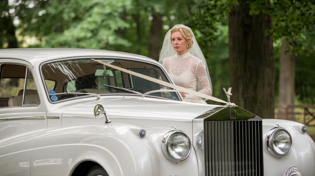 A cinematic medium shot of a bride arriving at her wedding in a vintage white Rolls-Royce. The bride is wearing a white lace dress and a veil. The background is a lush green forest. The lighting is soft.