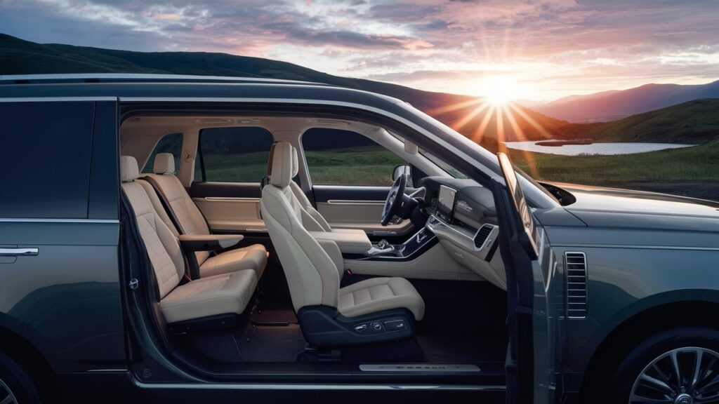 A sleek and modern SUV is shown in the foreground, with a luxurious interior showcasing cutting-edge technology and a spacious, comfortable seating area. The exterior of the vehicle is beautifully illuminated by the sun's rays, casting a warm glow on its sleek lines and contours. In the background, there's a serene landscape of rolling hills and a picturesque lake, reflecting the sky's vibrant colors as the sun sets, emphasizing the perfect harmony between comfort, technology, and nature.