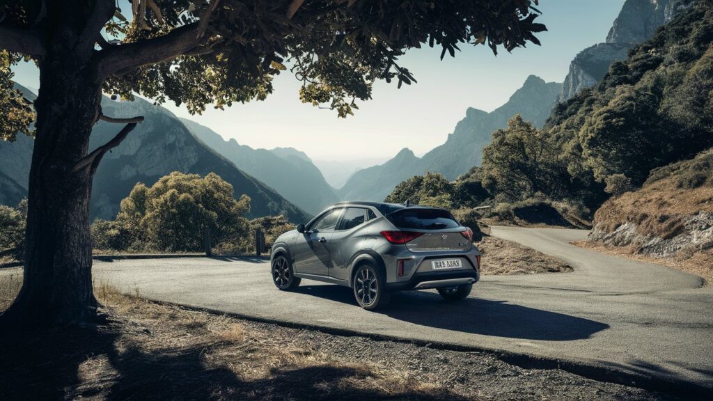 A stunning photo of a compact SUV, captured from the best possible angle. The vehicle is parked on a winding mountain road, surrounded by lush greenery and towering trees. The sunlight filters through the leaves, casting dappled shadows on the ground. The mountain peaks in the background create a breathtaking panoramic view. The overall atmosphere of the image is serene and adventurous, showcasing the compact SUV as the perfect companion for any journey.