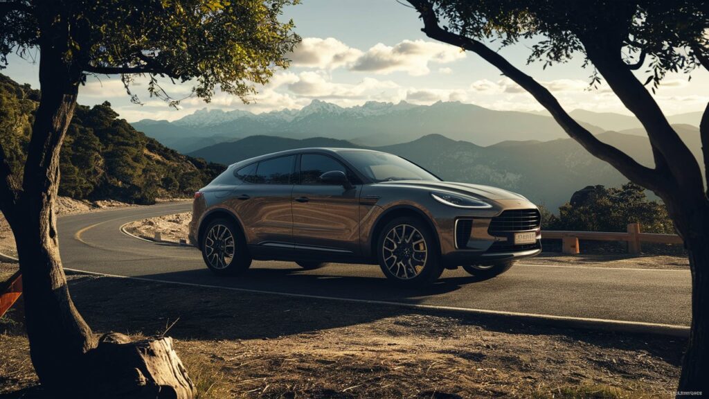 A striking image of a sleek and modern crossover SUV, framed by a beautiful scenic landscape. The SUV is parked on a winding mountain road, with lush green trees and a picturesque mountain range in the background. The sun casts a warm glow on the vehicle, highlighting its smooth lines and luxurious features. The vehicle's silhouette is accentuated by the low angle of the photo, creating an eye-catching perspective.