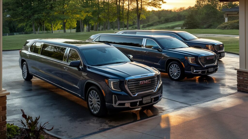 A stunning image of luxurious GMC limousines parked elegantly in a spacious driveway. The limousines are sleek and shiny, with tinted windows and chromed edges. The camera angle captures their best features, emphasizing their grandeur and sophistication. The background showcases a serene landscape with lush green trees and a glowing golden sunset, creating a perfect setting for the limousines to shine. The scene exudes an aura of wealth, luxury, and exclusivity.