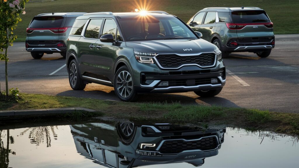 A striking image of the KIA Carnival, showcasing its sleek design from multiple angles. The car is parked in an open space, with the sun setting in the background, casting a warm glow on the vehicle. The reflection of the car in a nearby pond adds depth and dimension to the scene. The surroundings are lush and green, with a few trees and flowers in full bloom.