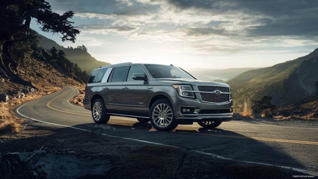 A stunning full-size SUV is showcased in the image, captured from the best possible angle. The SUV is parked on a winding mountain road, surrounded by lush greenery and towering trees. The sun is setting, casting a golden glow on the vehicle, emphasizing its sleek design and powerful stance. The background is a panoramic view of the beautiful landscape, with an expansive sky and a serene mountain lake in the distance. The overall ambiance of the image is luxury, adventure, and an appreciation for natural beauty.