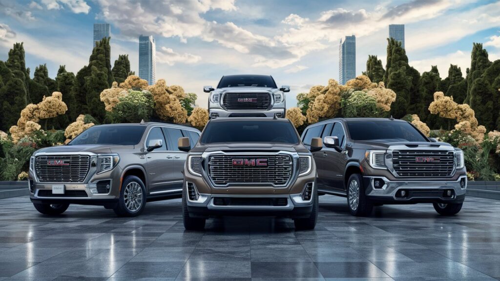 A stunning and luxurious display of GMC limousines, featuring the GMC Yukon, GMC Sierra, and GMC Savanna, positioned in a way that emphasizes their elegant and spacious designs. The GMC Yukon is shown as a sleek, full-size SUV, the GMC Sierra as a powerful and robust pickup truck, and the GMC Savanna as a versatile and comfortable van. The background is a grand, open landscape with a perfect blend of urban and natural elements. There are tall, modern buildings in the distance, while lush, verdant trees and flowers surround the vehicles, creating a sense of sophistication and opulence.