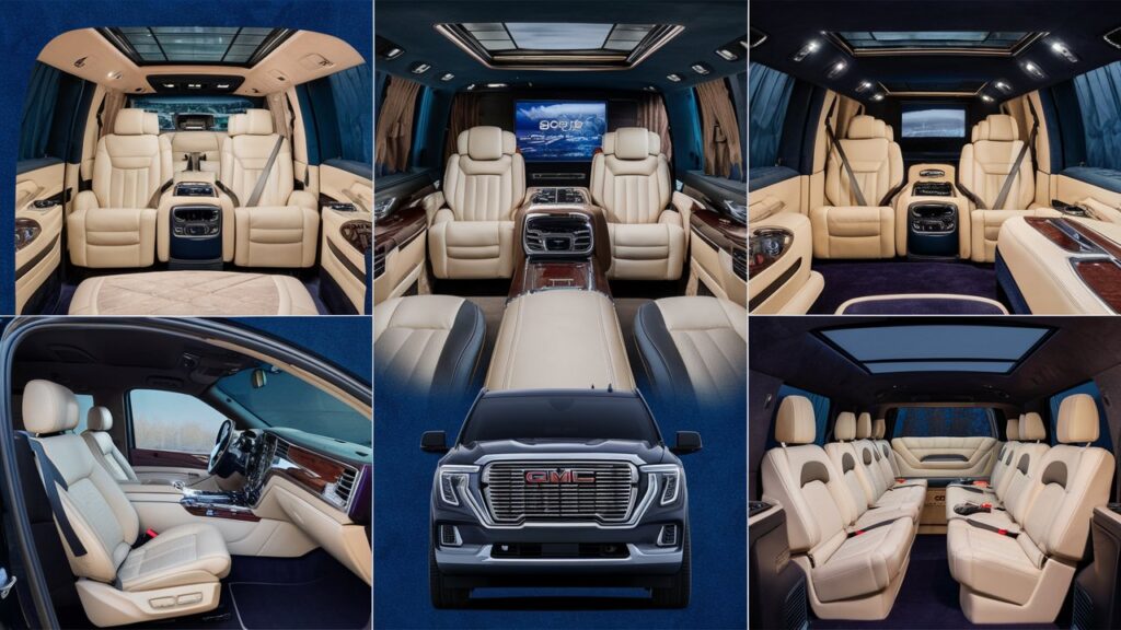 A stunning collection of images showcasing the luxurious interiors of GMC Yukon, GMC Sierra, and GMC Savanna limousines. The GMC Yukon features a spacious, plush cabin with cream leather seats, a large entertainment screen, and a mini-bar for passengers. The GMC Sierra presents a modern and sleek design, with comfortable, reclining seats, a contemporary wooden paneling, and a separate luggage compartment. The GMC Savanna boasts a spacious and sophisticated layout, with cream leather seats, a large sunroof, and elegant wood trim. The background for each image is a rich, deep blue color, accentuating the luxuriousness of the limousines and creating a sense of opulence.