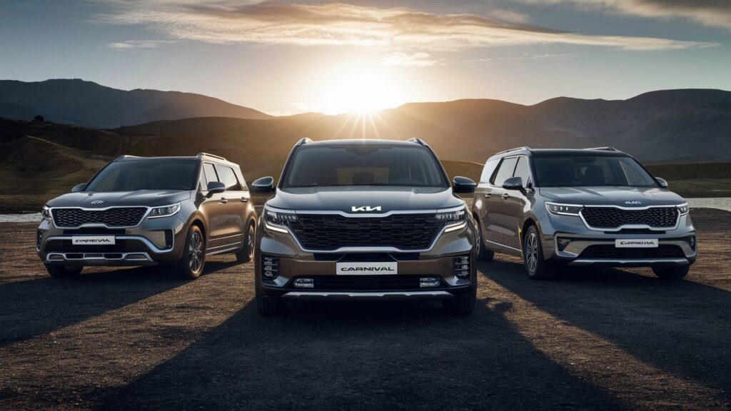 A stunning, high-quality photo of the KIA Carnival showcasing the KIA Carnival LX, KIA Carnival EX, and KIA Carnival SX models. The vehicles are positioned in a visually appealing manner, with the sun setting in the background, casting a warm, golden glow on the cars. The landscape behind the vehicles consists of a blend of rolling hills and a serene lake, reflecting the luxury and sophistication of the KIA brand. The overall ambiance of the photo is inviting, with a sense of adventure and elegance.