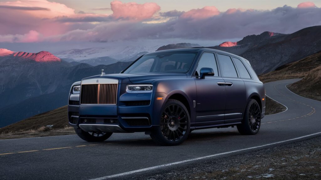 A luxurious, sleek SUV is parked on a winding mountain road overlooking a breathtaking landscape. The SUV's exterior is a stunning shade of deep blue with a matte finish, giving it a sophisticated and elegant appearance. The sun is setting in the background, casting a warm, golden glow on the SUV and the surrounding mountains, while the clouds appear to be tinged with pink and purple hues. The overall effect is one of opulence, power, and serenity.