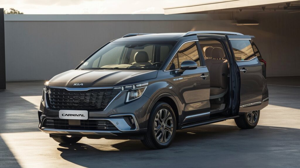 A stunning photograph of the KIA Carnival Family MPV, captured from the best possible angle. The car is parked in an open, sunlit space with a modern, minimalist background. The vehicle's sleek design is highlighted by its glossy paint job and prominent KIA emblem. The car's interior is visible through the open doors, revealing a spacious, luxurious cabin with comfortable seating for the whole family. The overall ambiance of the image is warm and inviting, showcasing the KIA Carnival as the perfect family vehicle.