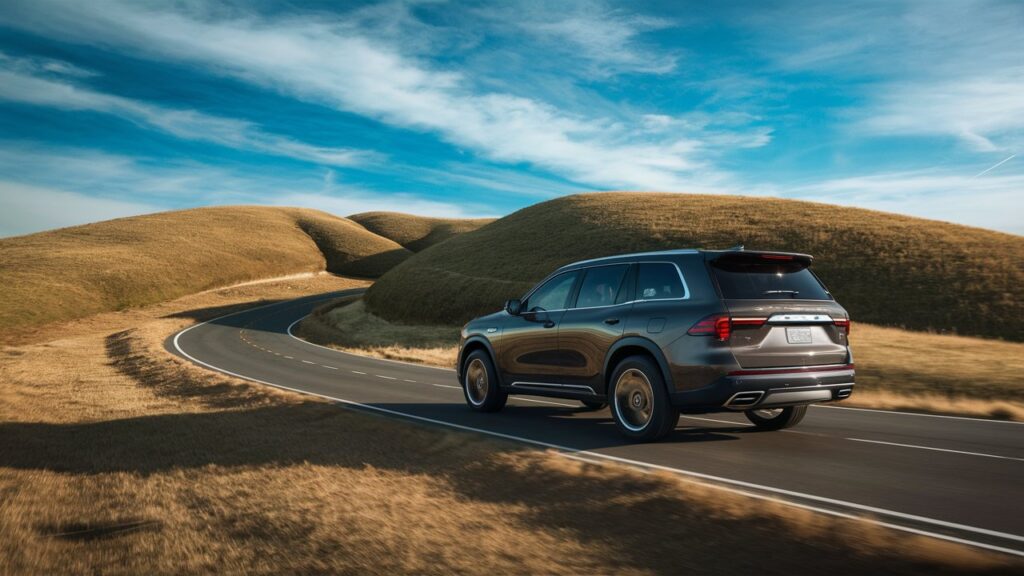 A stunning visual of a mid-size SUV driving on a winding road surrounded by lush, rolling hills. The sunlight reflects off the sleek, modern design, showcasing its spacious interior and bold exterior. The SUV's shiny tires blend with the textured landscape, while the sky above is a striking blue with soft, white clouds. The overall atmosphere is one of adventure and luxury, perfectly capturing the essence of the mid-size SUV.