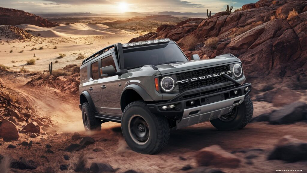 A stunning image of a powerful off-road SUV, captured from a low angle, driving through a rugged, rocky terrain. The SUV features a sleek design with large tires and a sturdy frame, ready to tackle any obstacle. The background reveals a breathtaking landscape: a vast desert with sand dunes, scattered cacti, and a golden sun setting in the horizon. The overall atmosphere of the photo conveys a sense of adventure and exploration.