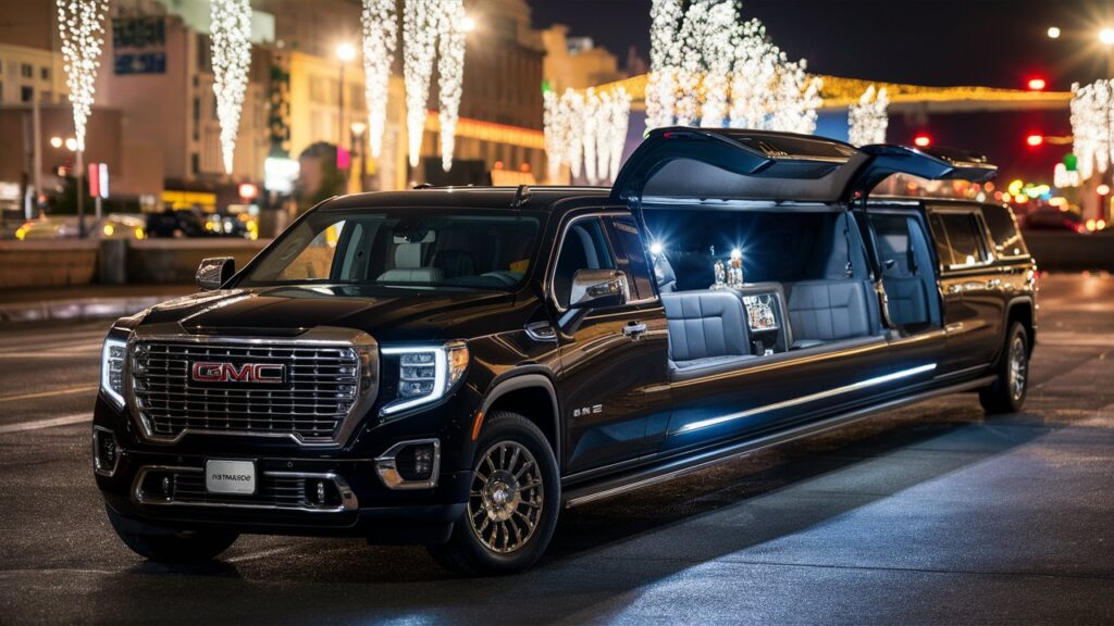 A luxurious GMC limousine stands out in the foreground, impeccably designed for a grand party. The limo is elongated and gleaming, with a black exterior and plush interior. The back of the limo is open, revealing a spacious area with comfortable seating and a well-stocked mini-bar. The background showcases a lively cityscape at night, with shining lights from buildings and streets creating a festive atmosphere. The overall image exudes glamour, excitement, and an unforgettable night ahead.