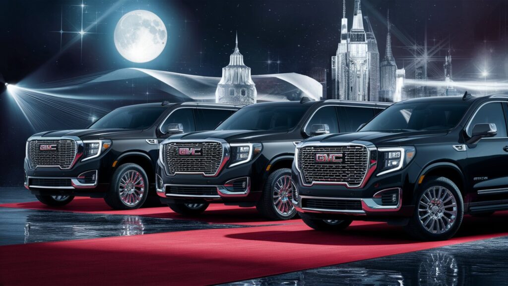 A stunning and luxurious image of GMC SUV limousines, showcasing their sleek and elegant designs. The limousines are parked side by side on a red carpet, illuminated by a spotlight that highlights their premium features and shiny exteriors. The background features a glamorous city skyline with towering buildings, a bright moon, and shimmering stars. The overall ambiance of the image exudes opulence, sophistication, and a sense of arrival for the privileged few.